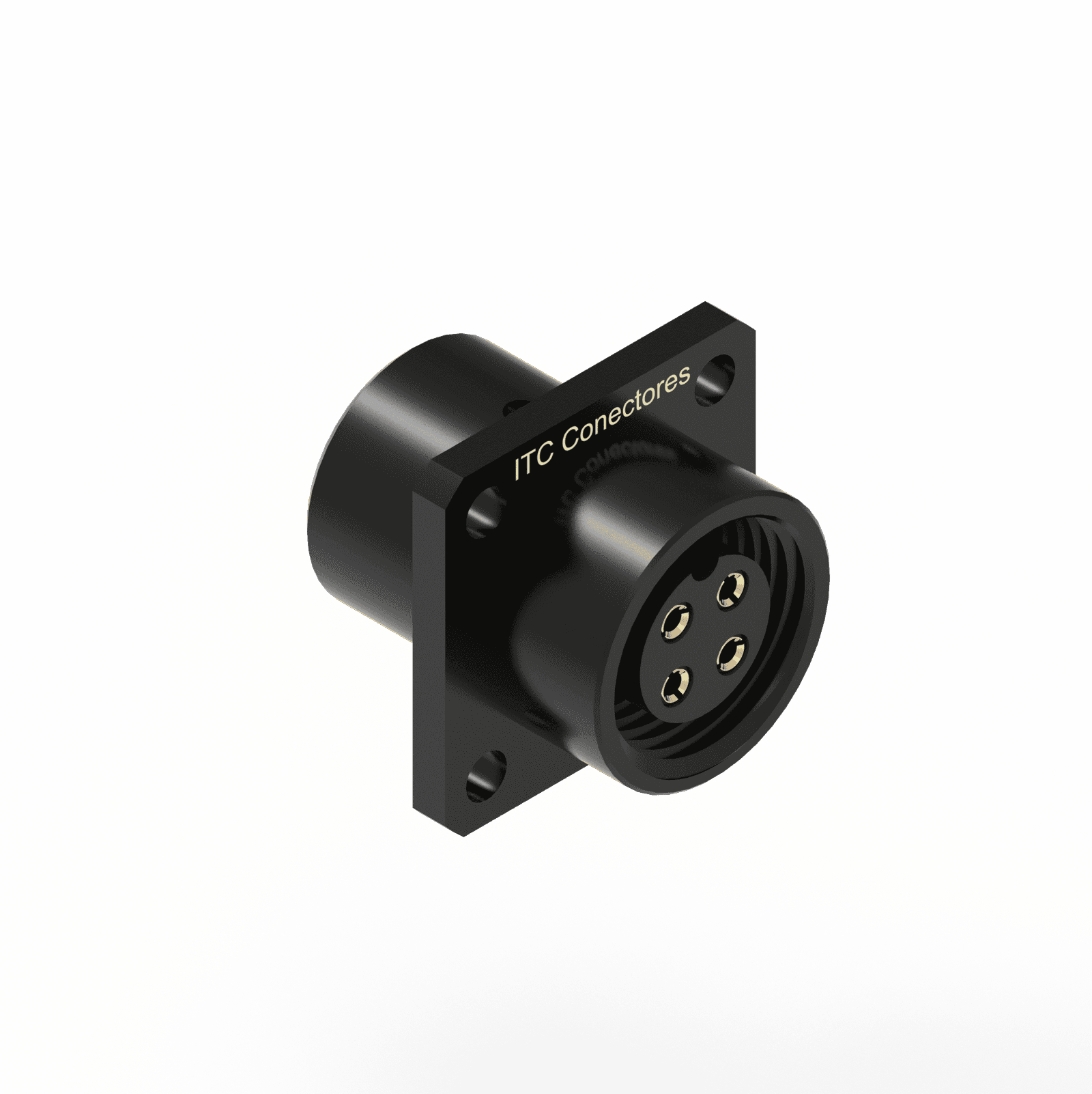 Conector Base Quadrada Circular M12 - 4 Vias - 1 Ampere - Fêmea - IP67 - Alumínio Preto 1,0-Ouro
