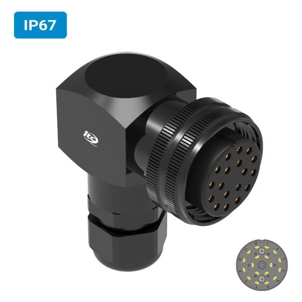 Conector M32 fêmea para cabo 90° IP67 10 amperes