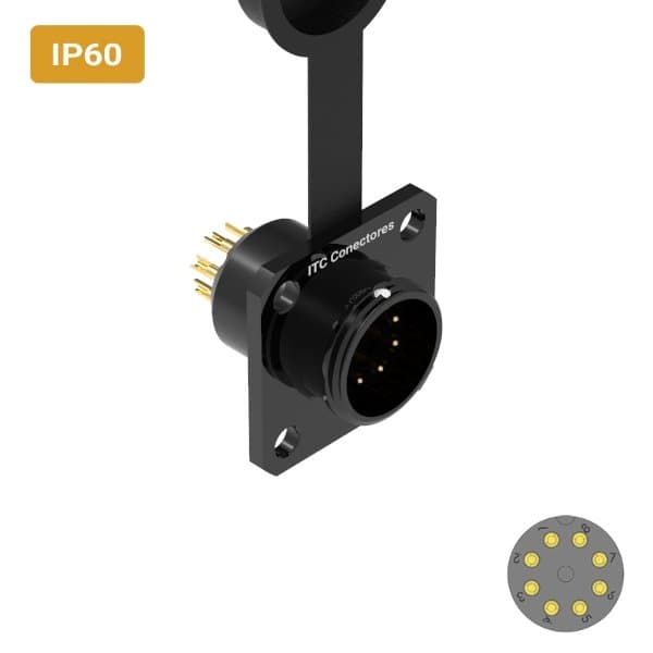 Conector M16 macho para painel quadrada IP60 3 amperes