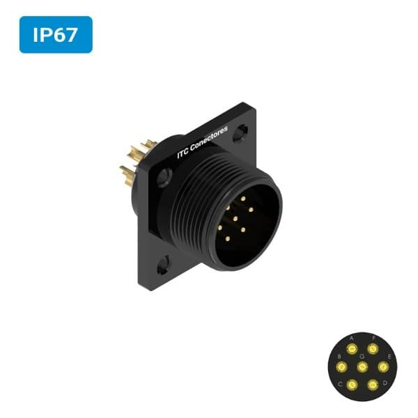 Conector militar H25 macho para painel IP67 7 vias 6 amperes