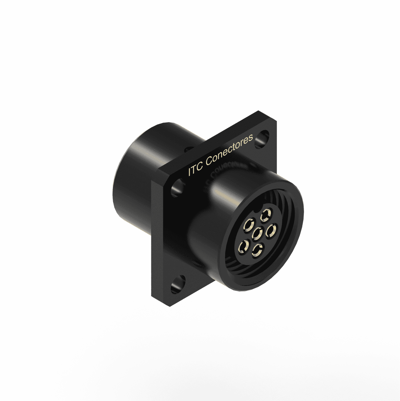 Conector Base Quadrada Circular M12 - 6 Vias - 1 Ampere - Fêmea - IP67 - Alumínio Preto 1,0-Ouro